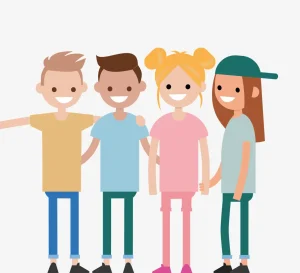 Illustratie van jongeren die elkaar lachend vasthouden