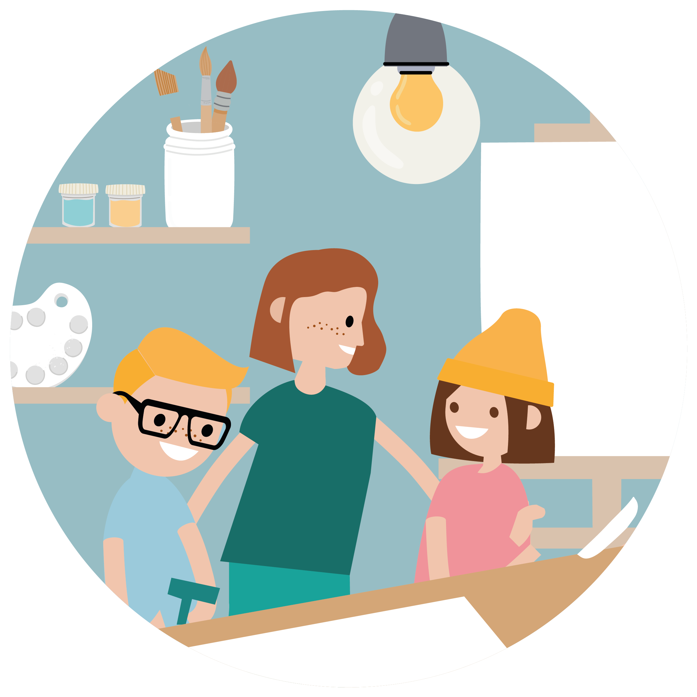 Illustratie met jongeren die samenwerken in atelier